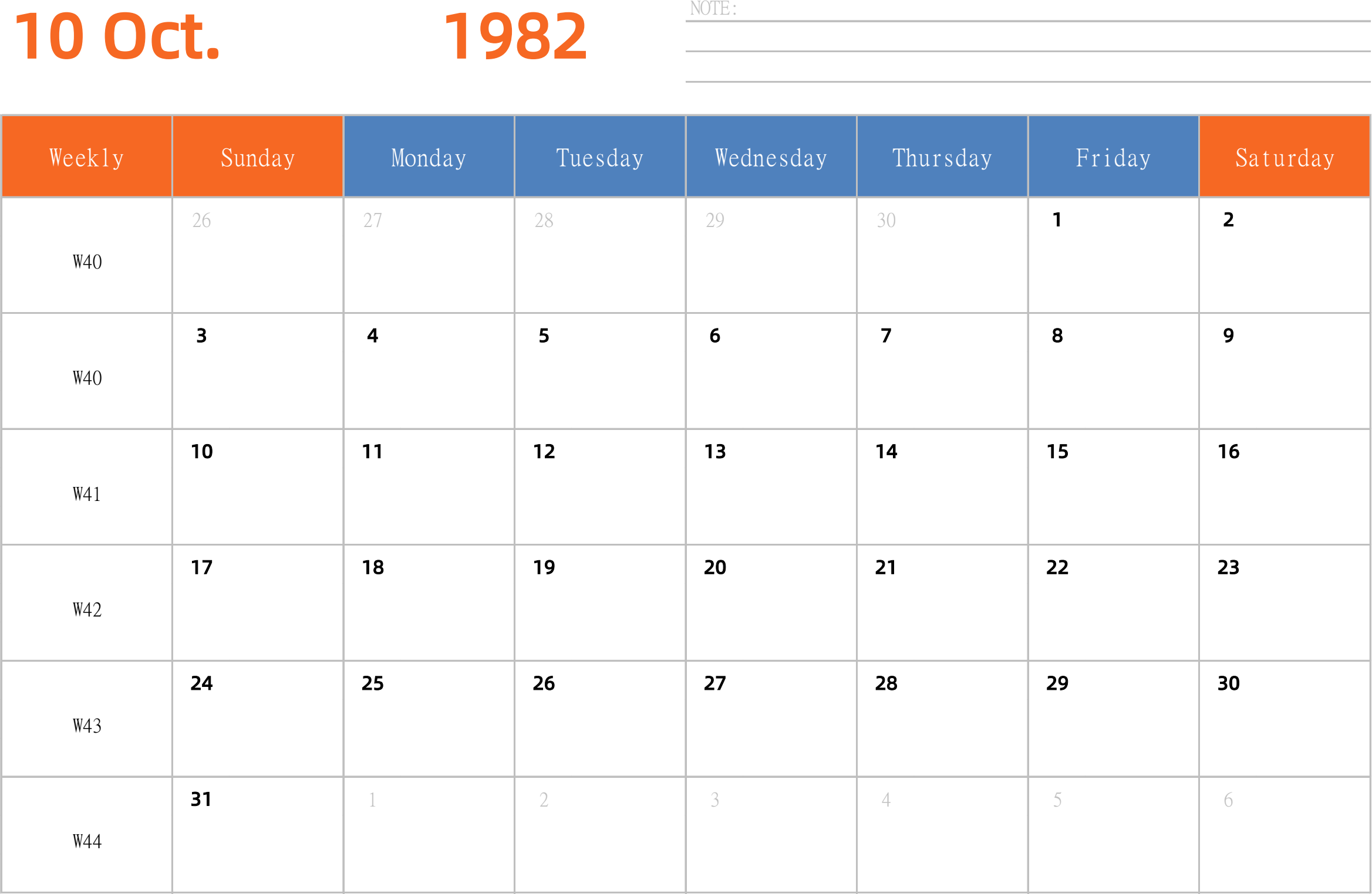 日历表1982年日历 英文版 横向排版 周日开始 带周数